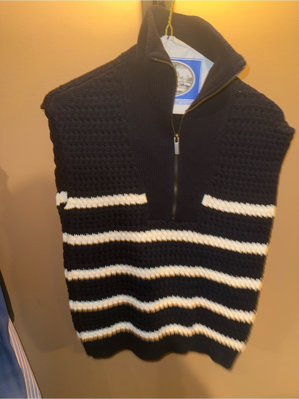 John + Jenn Navy Knit Zip Up Sweater with White Stripes